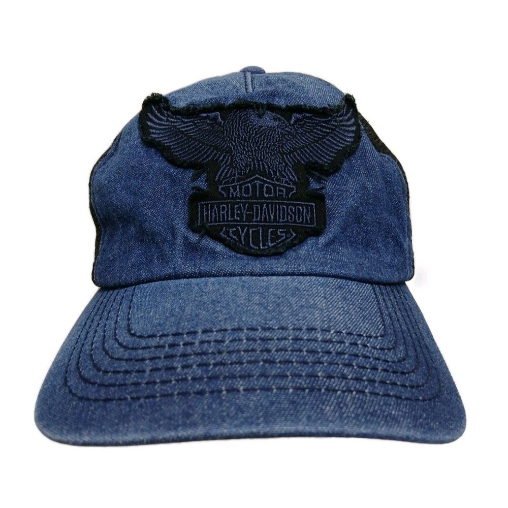 Harley Davidson Eagle Trucker Hat Denim Mesh Snapback Blue Black Retro Big Logo